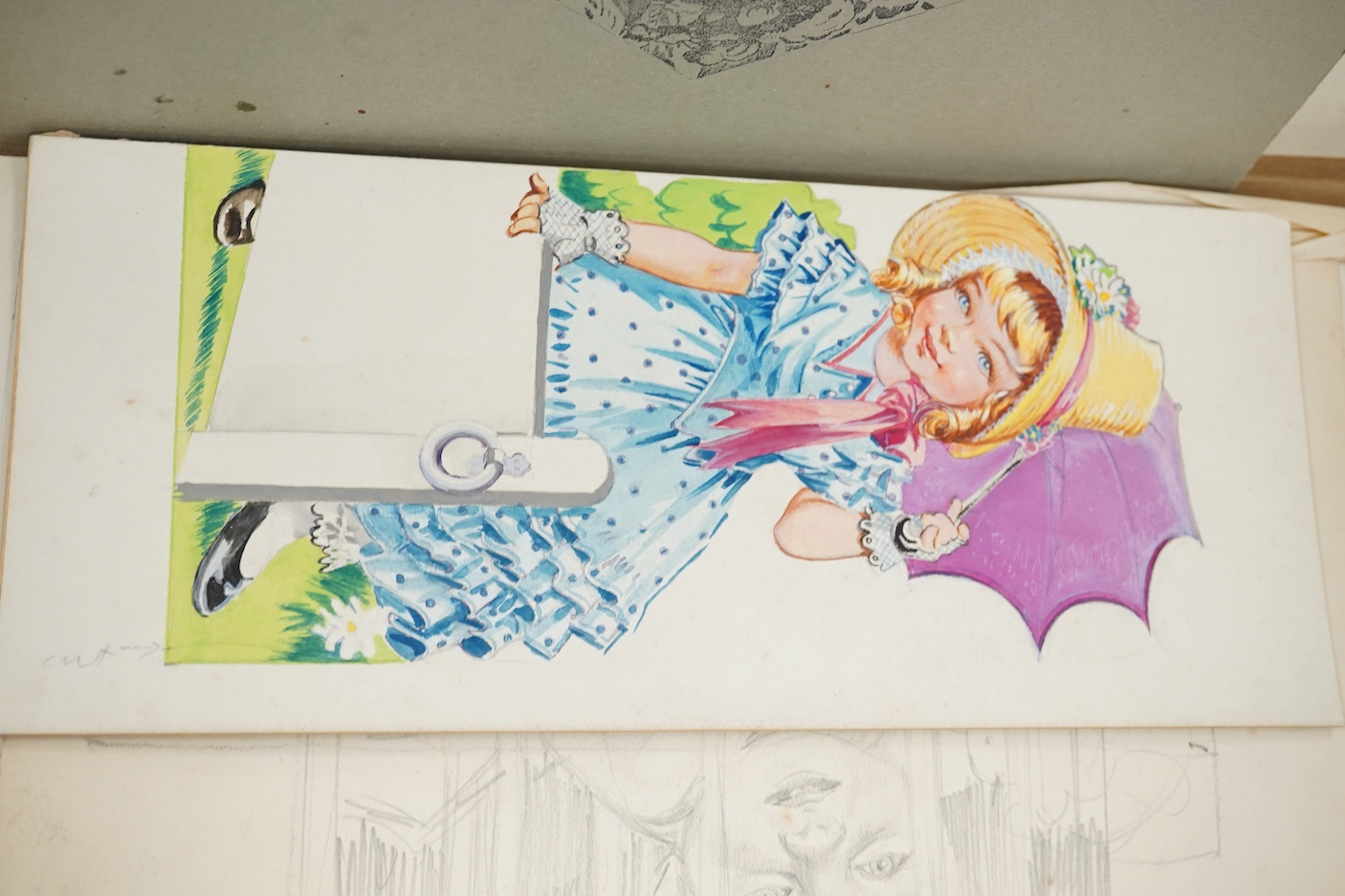 Eileen Brooks (20th. C), folio of works to include ink, pencil and watercolour sketches, Humorous children and figures, unframed